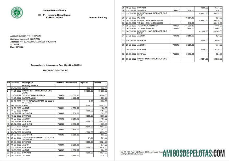 India United Bank Of India Statement 2 Pages amostra